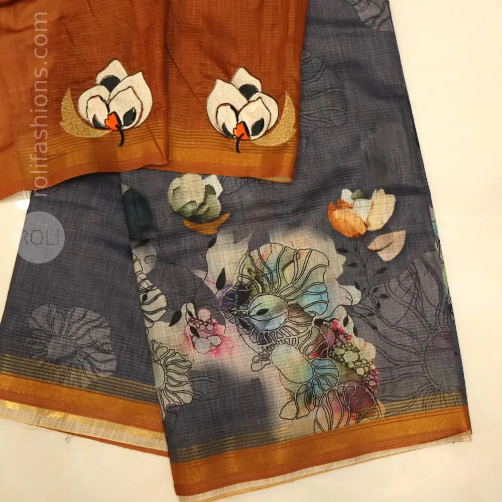 Celebrity grey saree with mustard zari border And 3D patchwork designer blouse