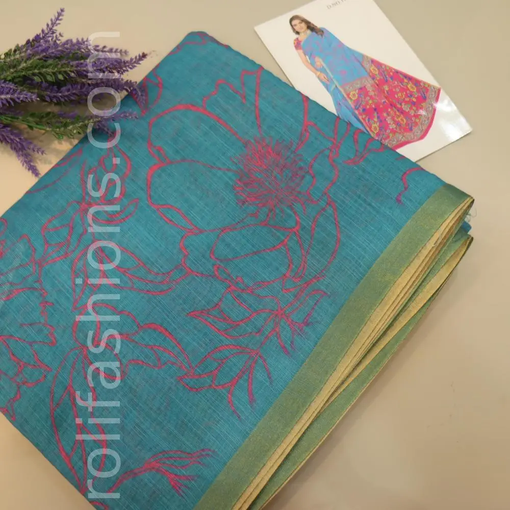 Blue Lenin fancy saree and pastel pink pallu and blouse