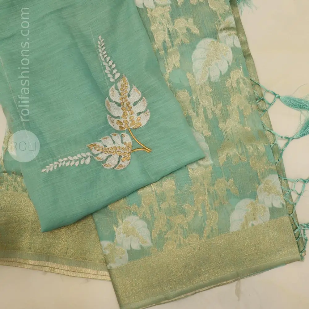 Stunning pastal aqua blue with silver zari border