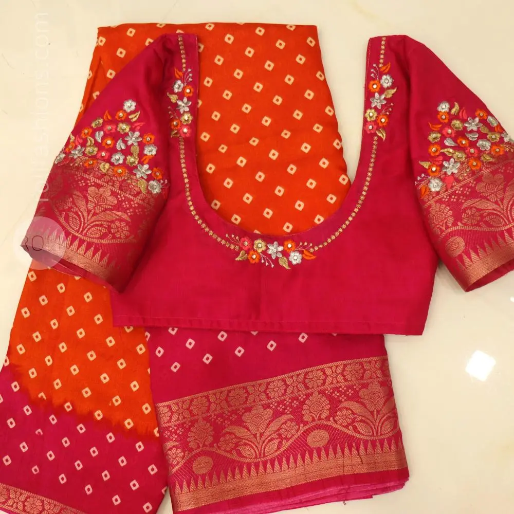  Vibrant Pink & Orange Traditional Saree with Designer Blouse 