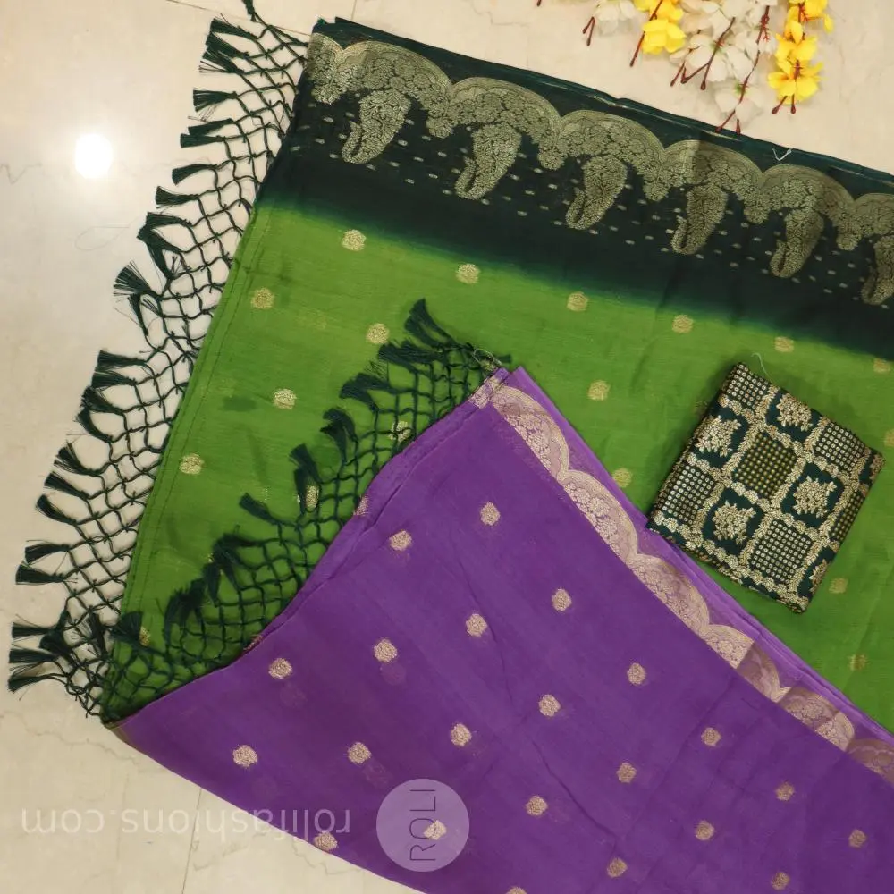 Purple and parrot-green pure Chinon crape Banaras saree