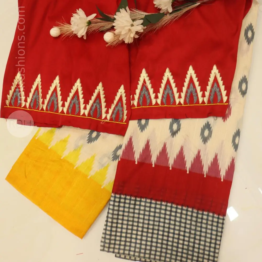 Beige,red and yellow tricolour saree with designer blouse