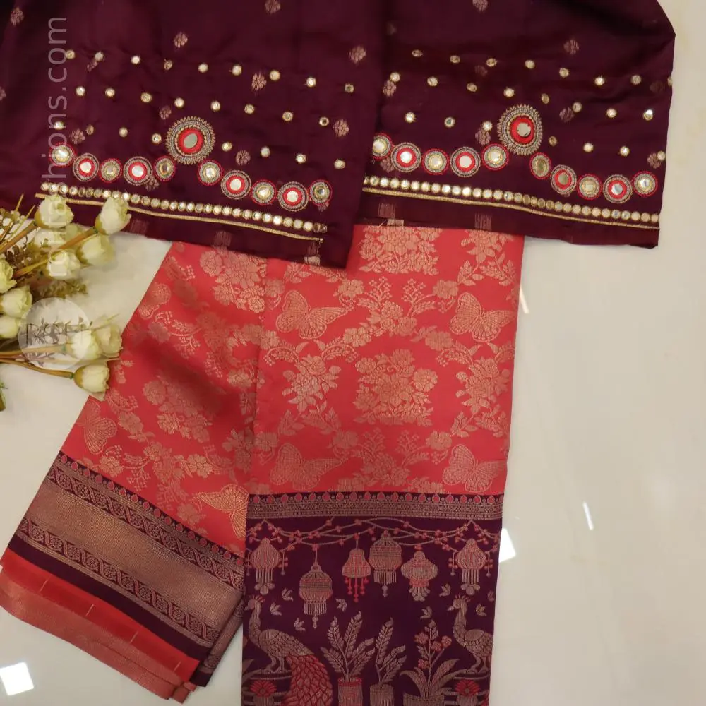 Rust orange with wine border silk saree