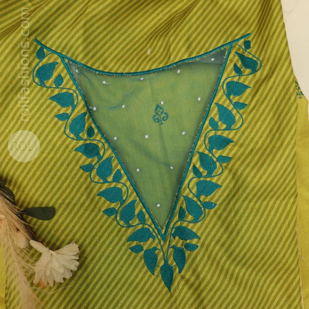 Lime green shade, complemented by a teal blue border