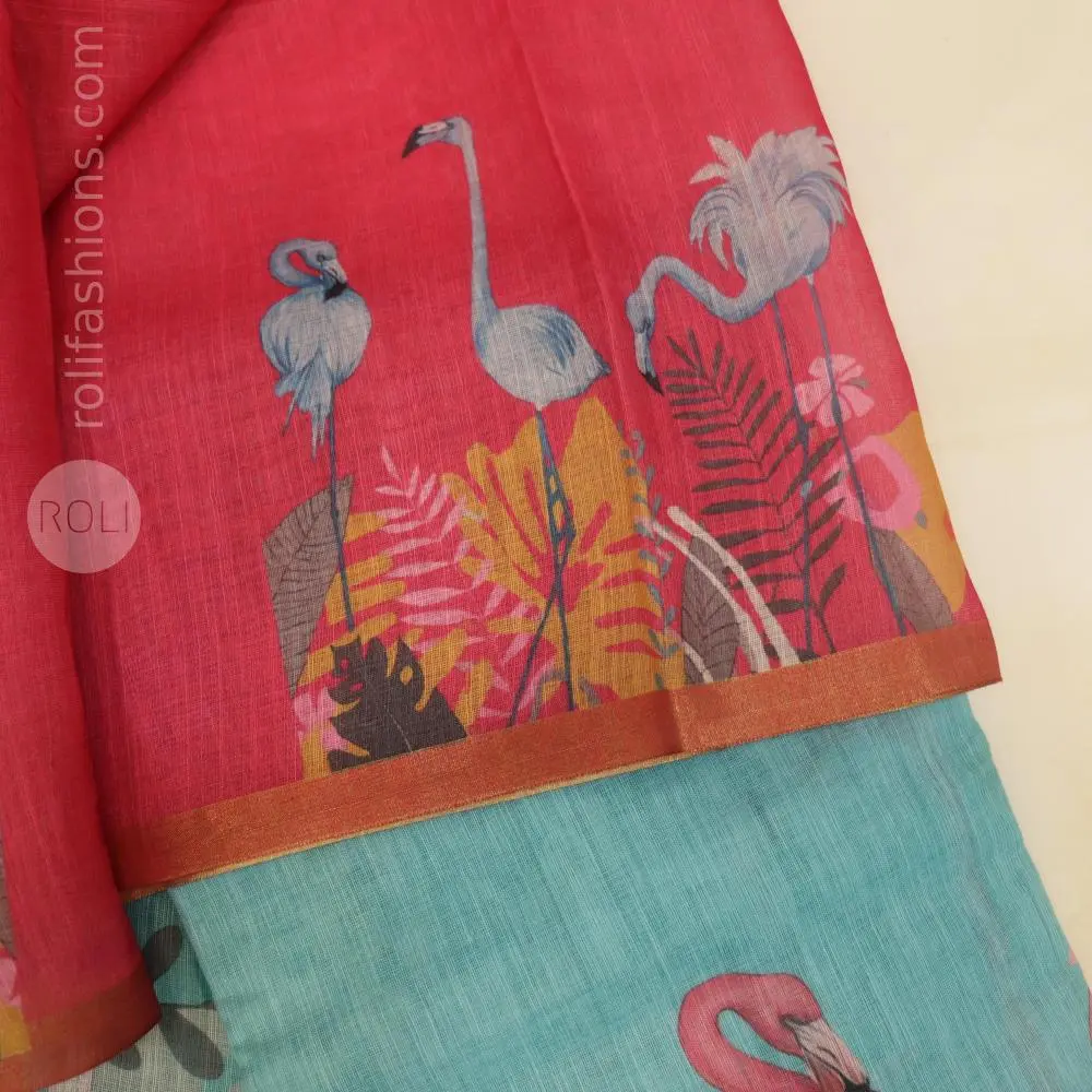 Refreshing sky blue saree with the cotton candy pastel pink with flamingo printed blouse